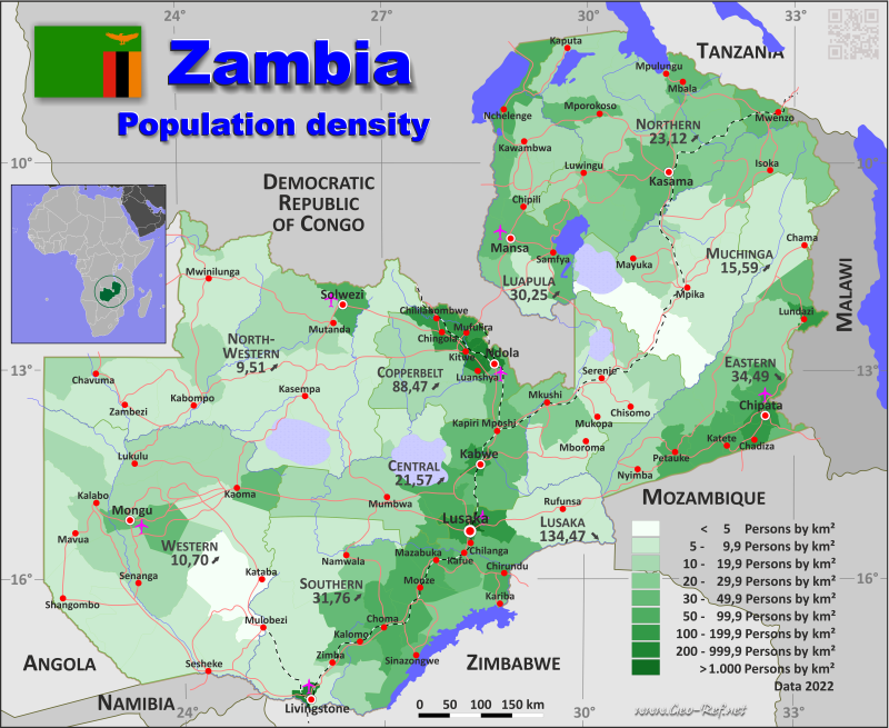 Mapa Zambia Divisin administrativa - Densidad de población 2022