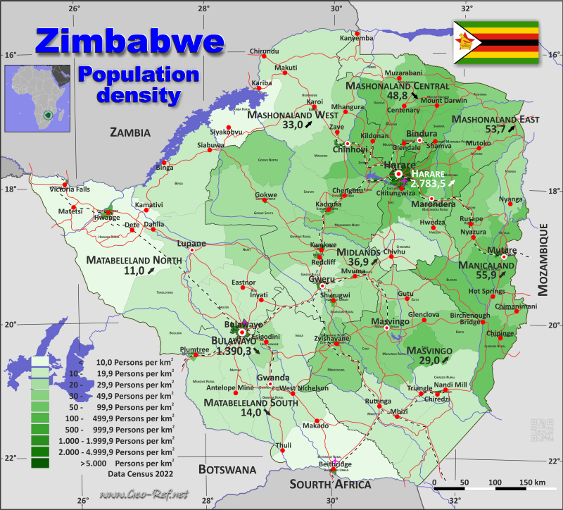 Mapa Zimbabue Divisin administrativa - Densidad de población 2022