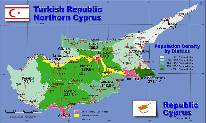 Map Cyprus - Administrative division - Population density 2021