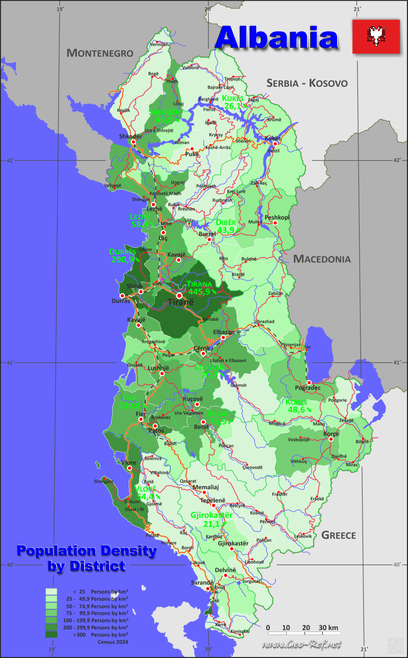 Mapa Albania División administrativa - Densidad de población 2024
