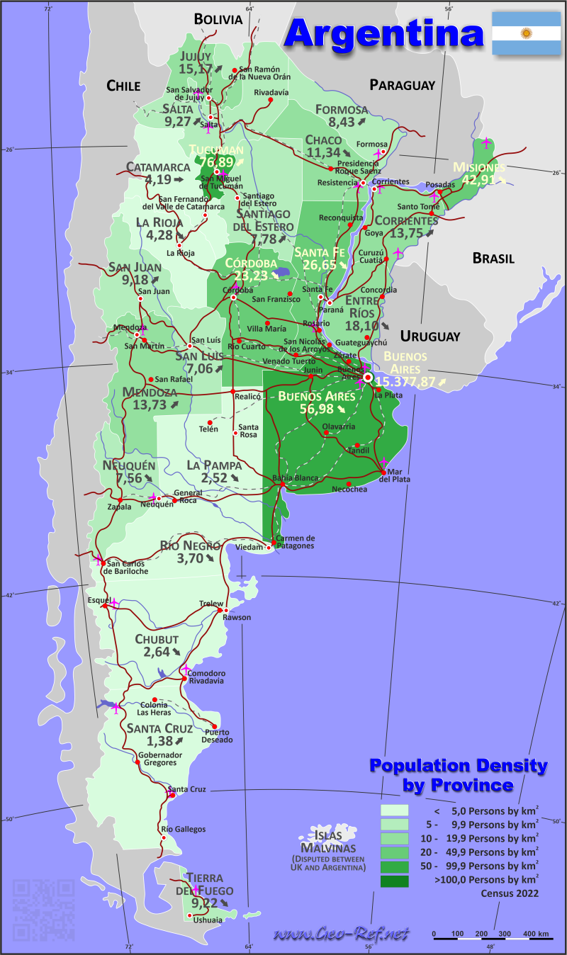 Karte Argentinien - Verwaltungsstruktur - Bevölkerungsdichte 2022