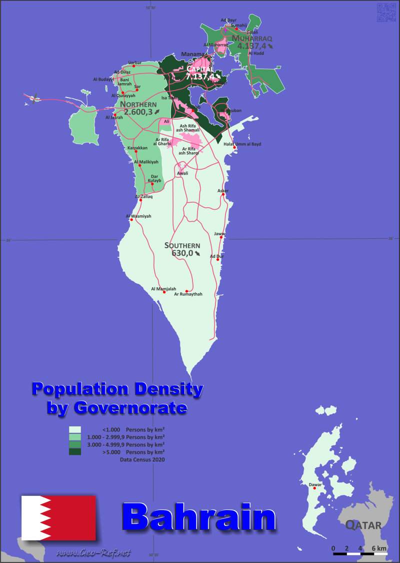 Map Bahrain - Administrative division - Population density 2020