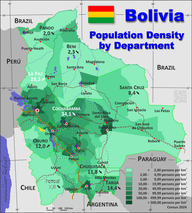 Map Bolivia - Administrative division - Population density 2024