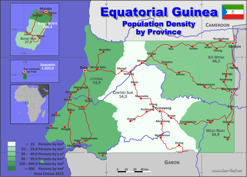 Mapa Guinea Equatorial División administrativa - Densidad de población 2015