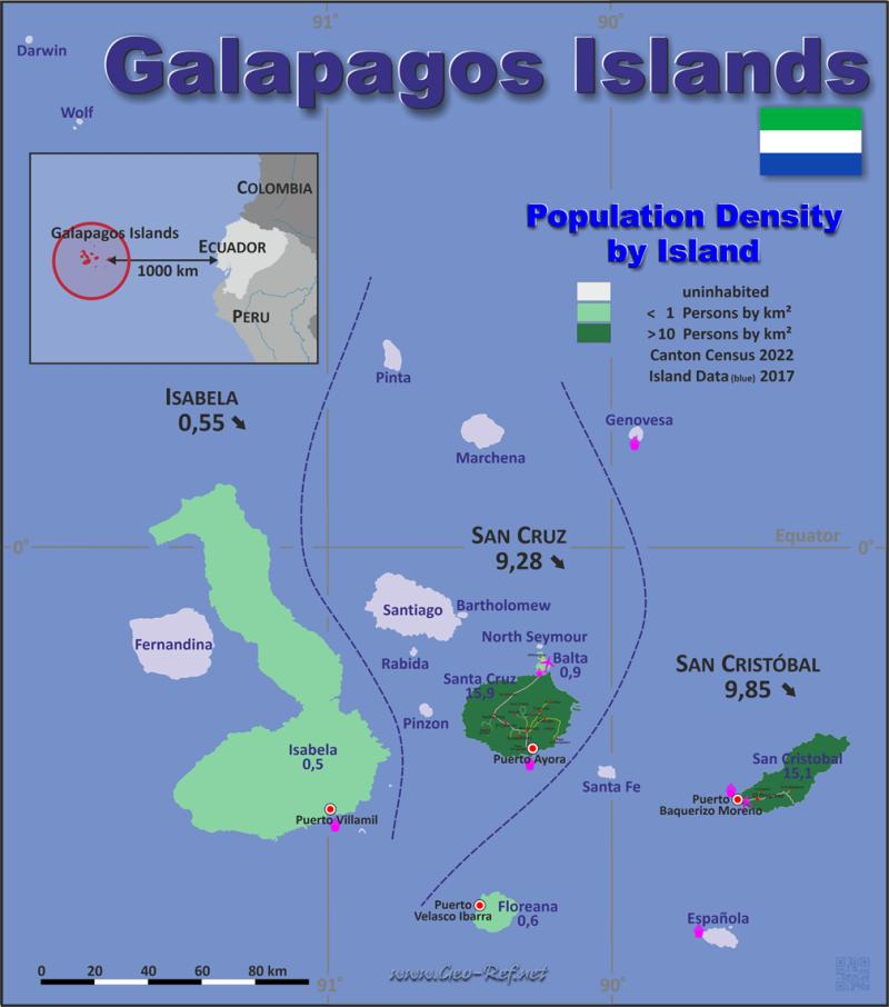 Mapa Islas Galapagos División administrativa - Densidad de población 2022