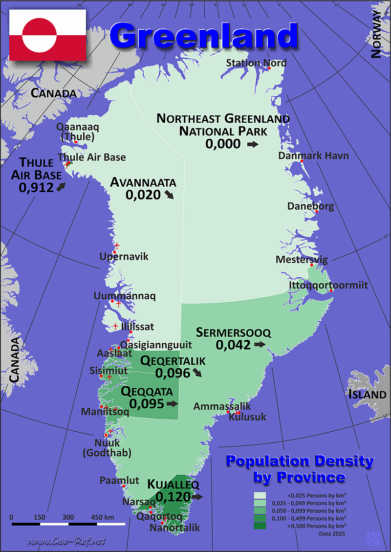 Mapa Groenlandia Divisin administrativa - Densidad de población 2025