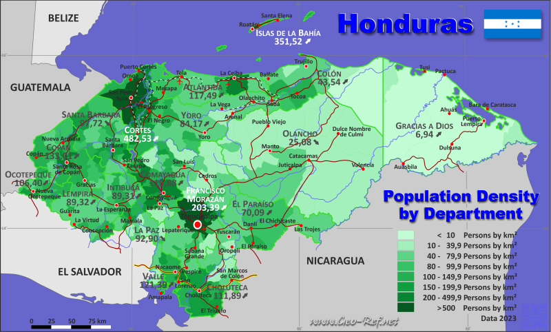Mapa Honduras División administrativa - Densidad de población 2023
