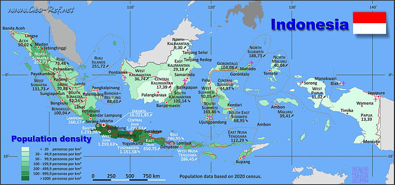 Mapa Indonesia División administrativa - Densidad de población 2020