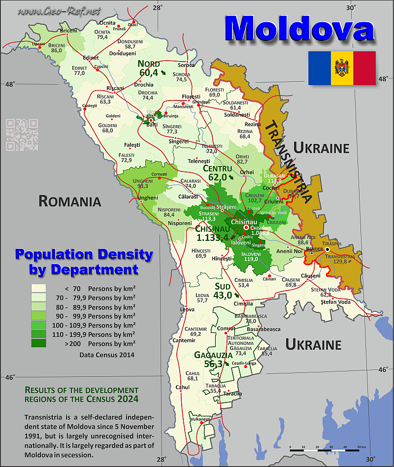 Mapa Moldava División administrativa - Densidad de población 2024