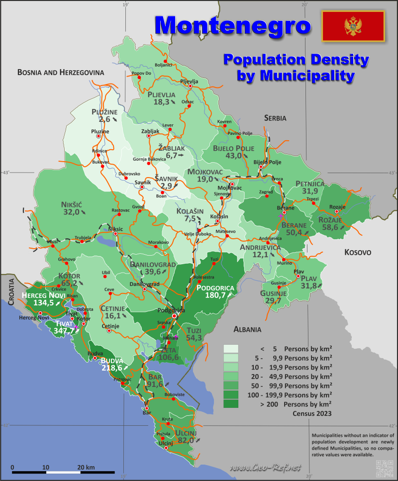 Map Montenegro - Administrative division - Population density 2023