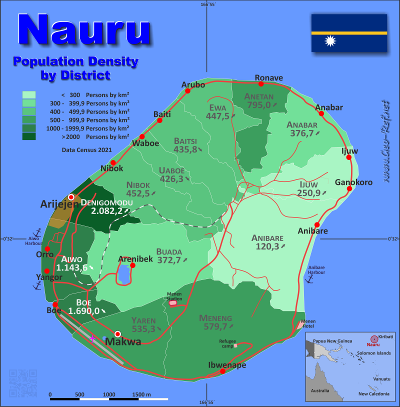 Mapa Isla de Nauru División administrativa - Densidad de población 2021
