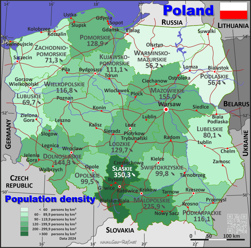 Mapa Polonia División administrativa - Densidad de población 2024