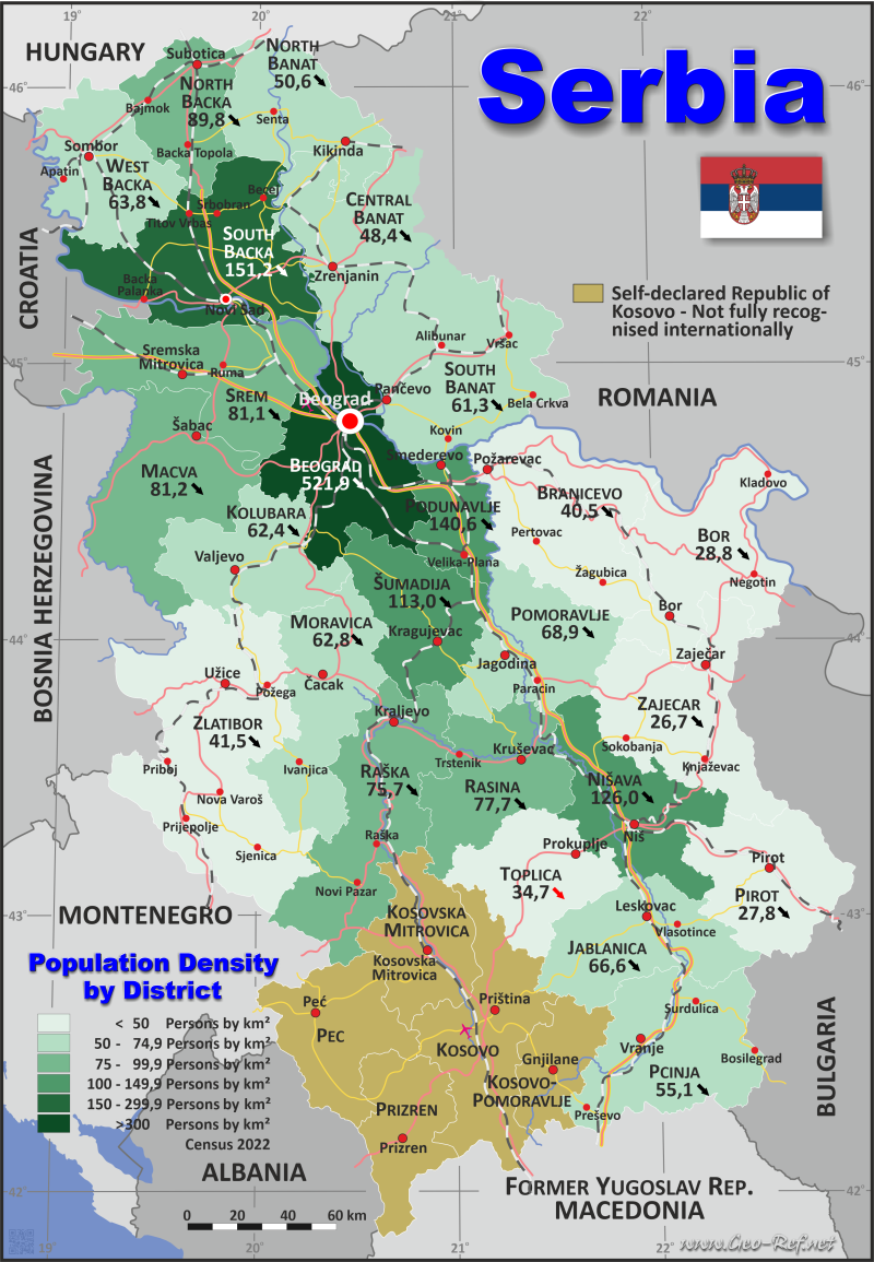 Mapa Serbia División administrativa - Densidad de población 2022