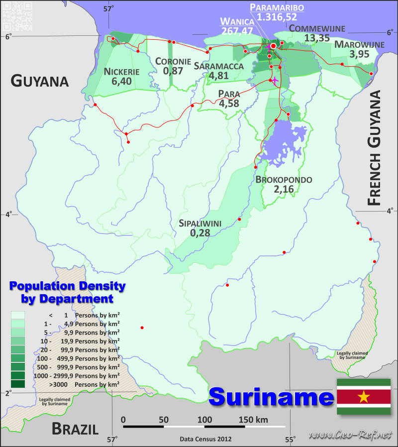 Map Suriname - Administrative division - Population density 2020