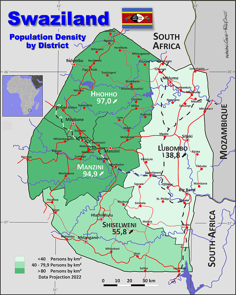 Mapa Eswanti - Suazilandia División administrativa - Densidad de población 2022