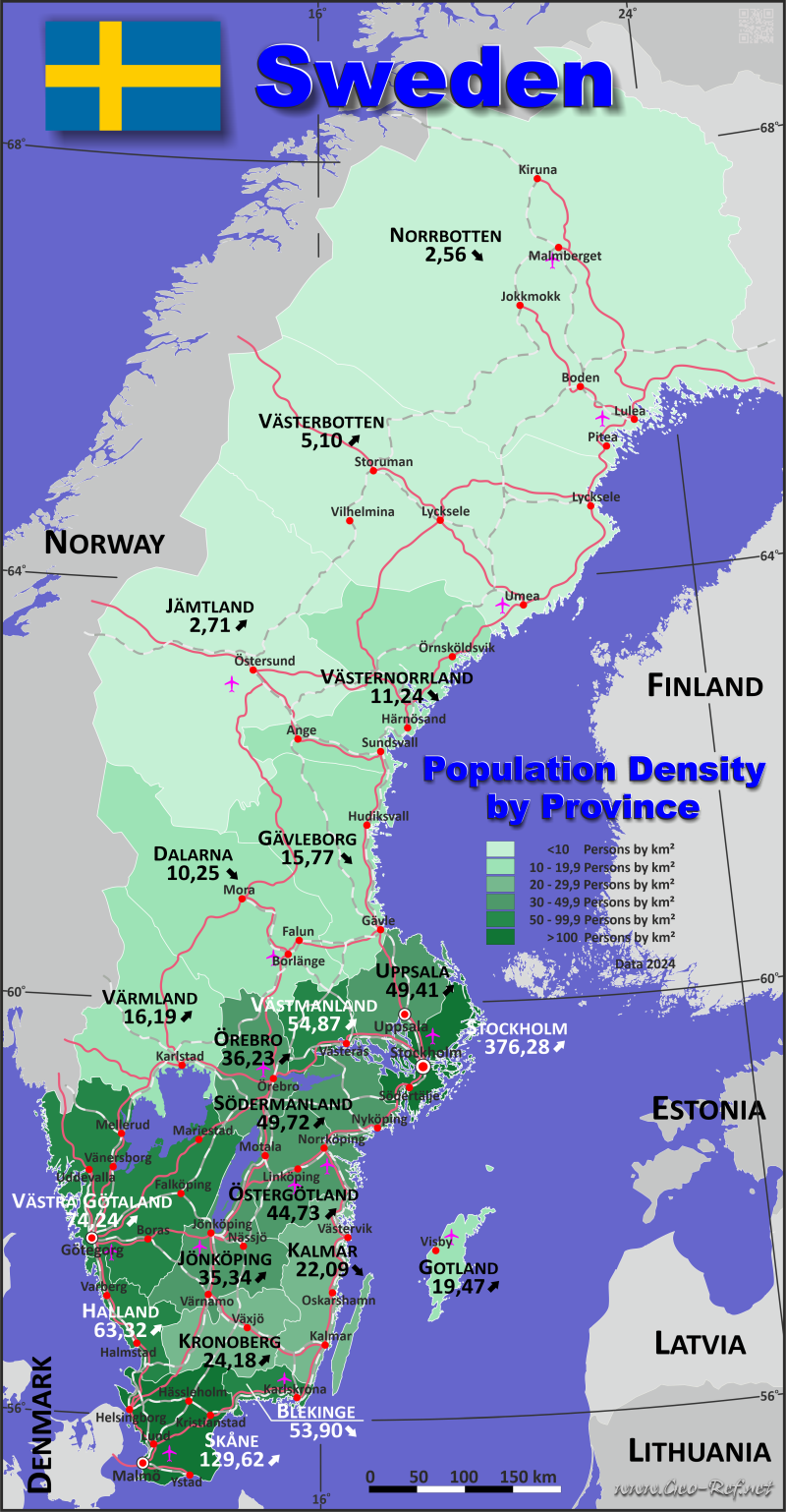 Karte Schweden - Verwaltungsstruktur - Bevölkerungsdichte 2024