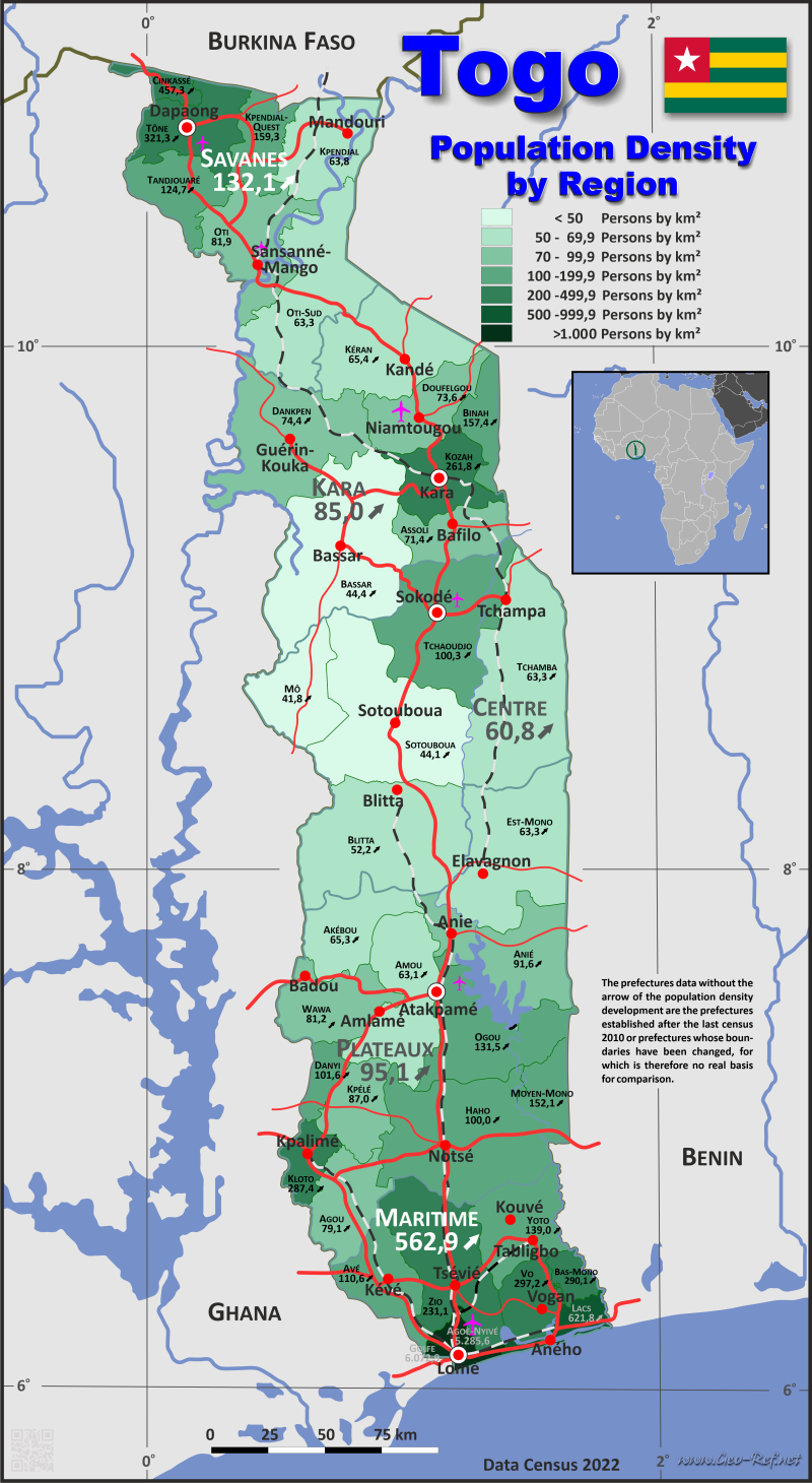 Map Togo - Administrative division - Population density 2022
