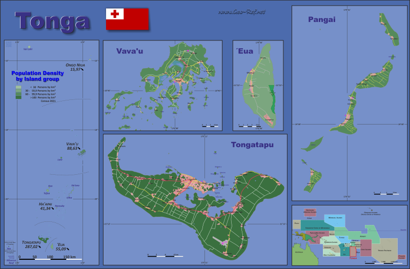 Mapa Tonga Divisin administrativa - Densidad de población 2021