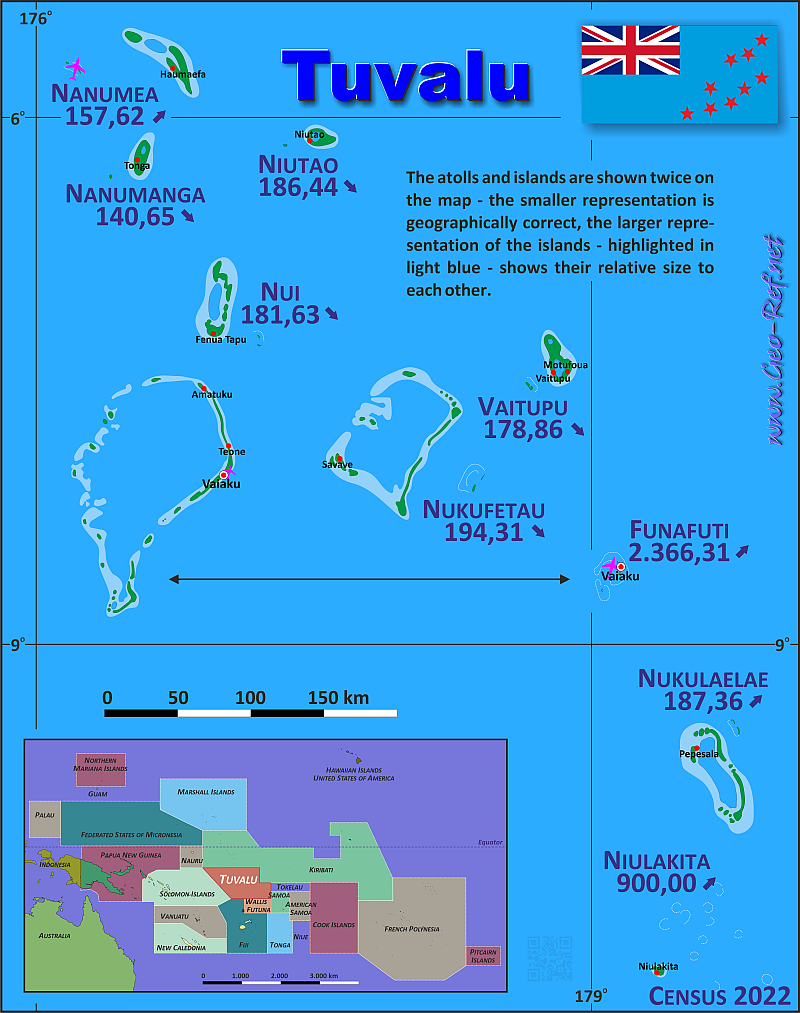 Mapa Tuvalu División administrativa - Densidad de población 2021