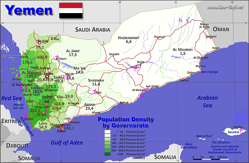 Map Yemen - Administrative division - Population density 2021